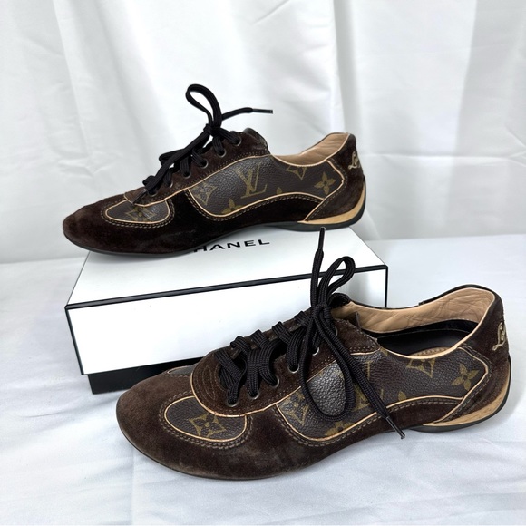 Louis Vuitton Brown Suede LV Monogram Canvas sneakers Size 36 US 6 6.5 7 *read - Picture 1 of 10